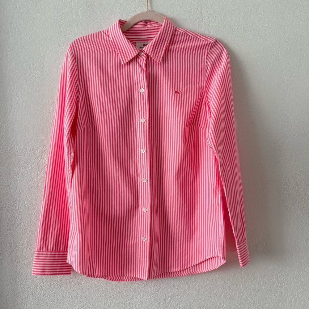 Vineyard Vines Preppy Pink and White Striped Button Down Shirt Size 4 - Picture 2 of 14